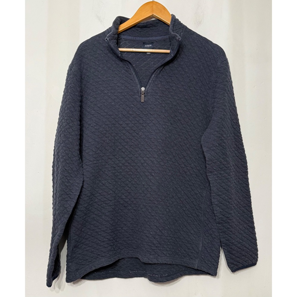 J.Crew Mens Quilted Quarter Zip Pullover Navy Blue Textured Sweatshirt Large